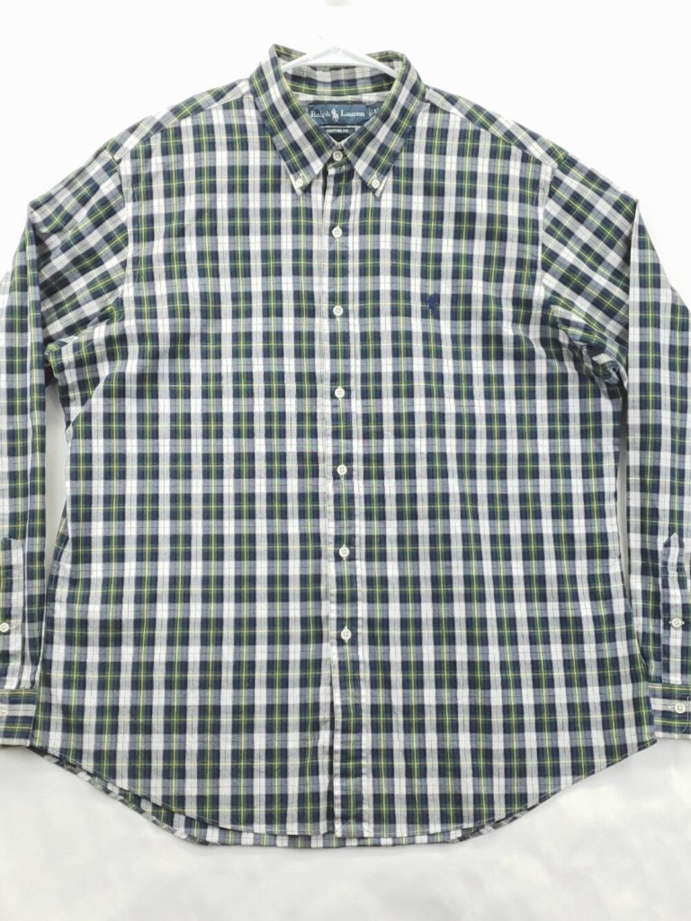 Vintage Ralph Lauren Shirt Mens XL Green White Check Custom Fit Button-Down